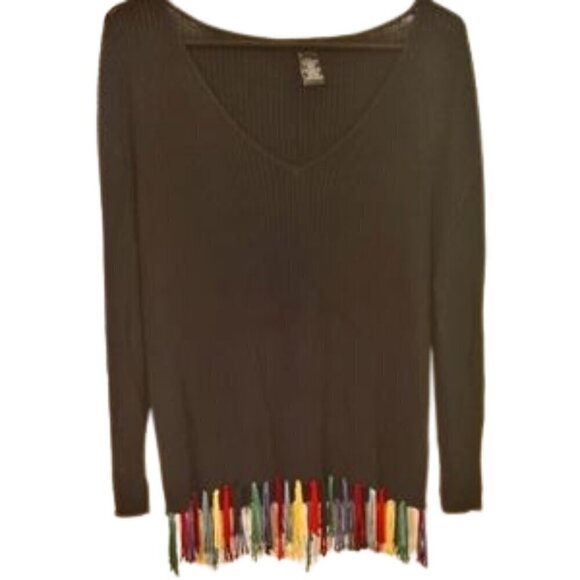 Kenzie black ribbed V neck pullover w colorful fringe hem Sz XL - Picture 3 of 8